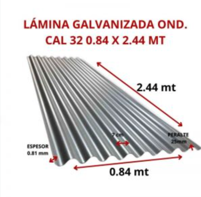 LAMINA GALVANIZADA OND. CAL 32 0.84 X 2.44 MT