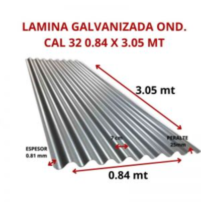 LAMINA GALVANIZADA OND. CAL 32 0.84 X 3.05 MT