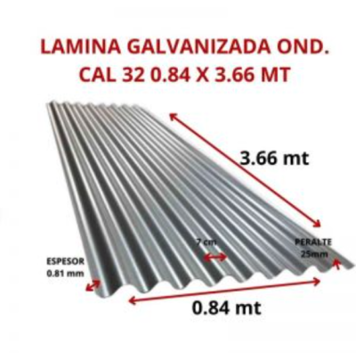 LAMINA GALVANIZADA OND. CAL 32 0.84 X 3.66 MT