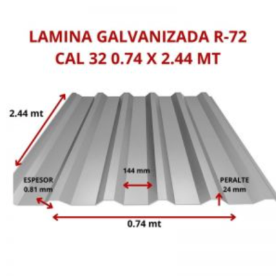 LAMINA GALVANIZADA R-72 CAL 32 0.74 X 2.44 MT