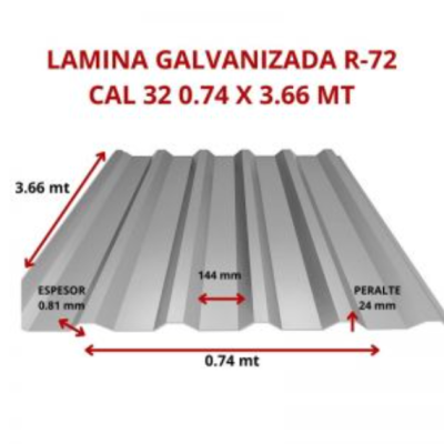 LAMINA GALVANIZADA R-72 CAL 32 0.74 X 3.66 MT