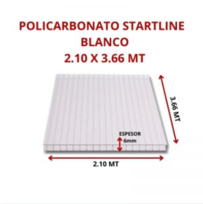 POLICARBONATO STARTLINE 6MM BLANCO 2.10 X 3.66 MT GARANT 10